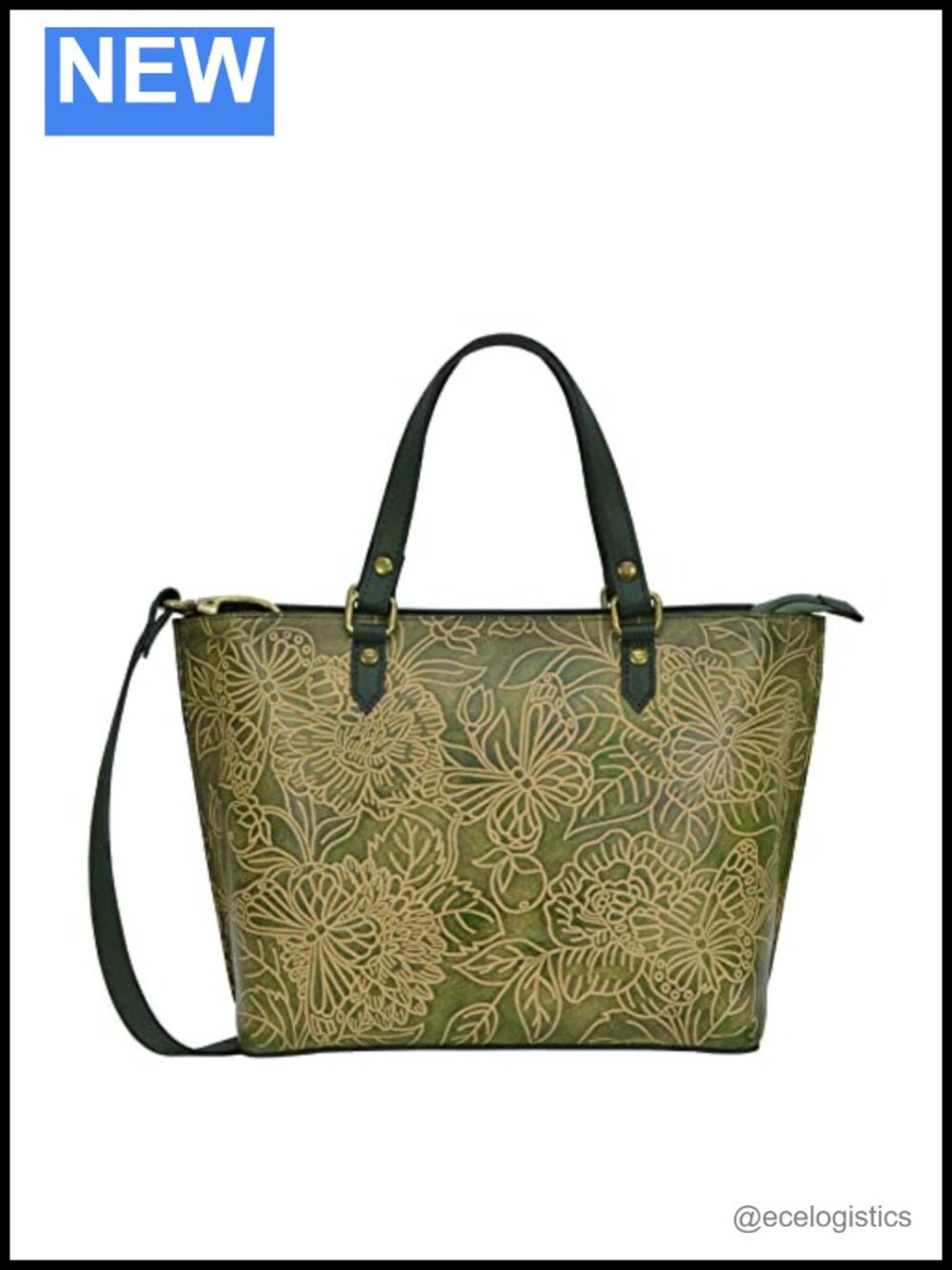 Hand-Painted Tooled Genuine Leather Medium Tote, Floral Butterfly Satchel